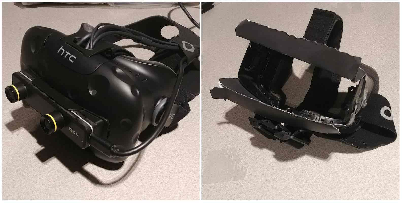 htc vive video pass-through headset using zed mini camera. A VR headset shell to limit user's field of view.