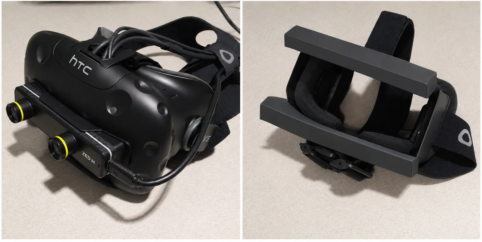 htc vive video pass-through headset using zed mini camera. A VR headset shell to limit user's field of view.